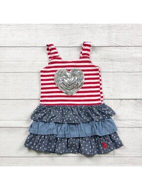 U.S. Polo Assn. Girls Striped Ruffle Dress Red White Blue Star Sequin Heart 3T